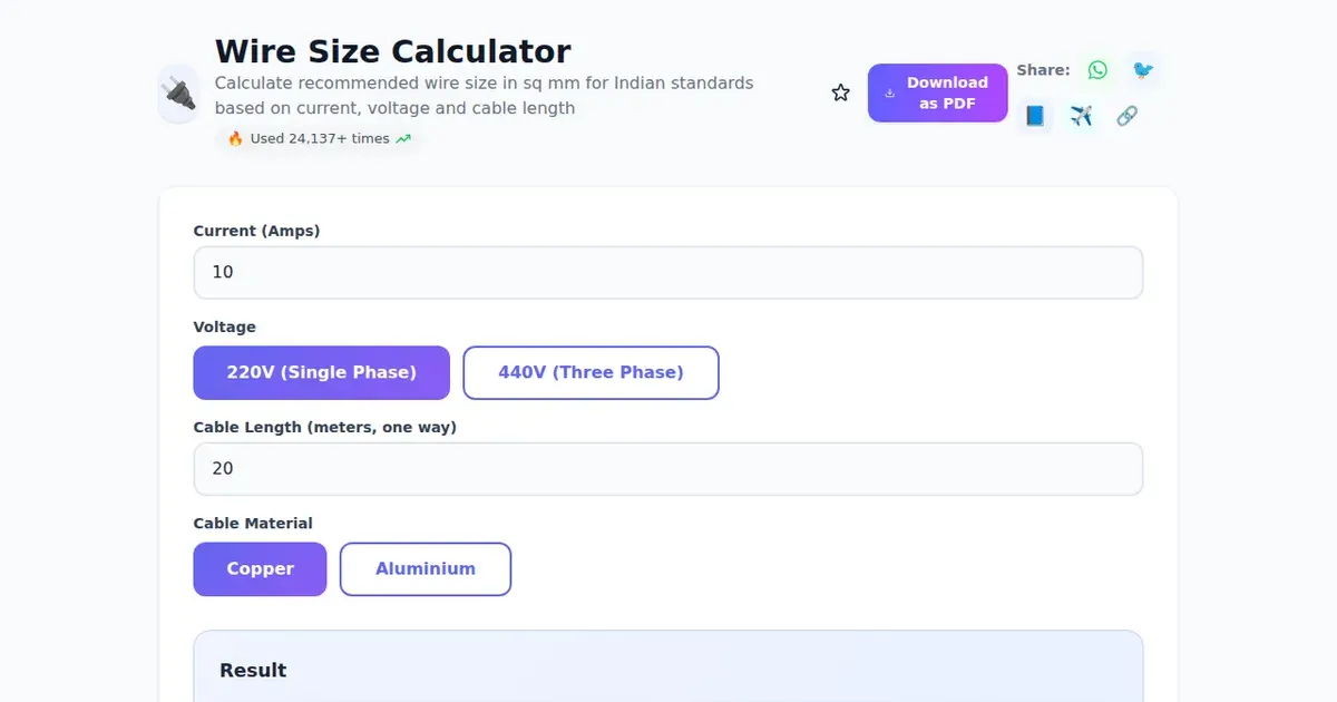 Wire Size Calculator — Free Online Calculate recommended wire size in sq mm for Indian standards based on current, voltage and cable length Tool on SabTools.in