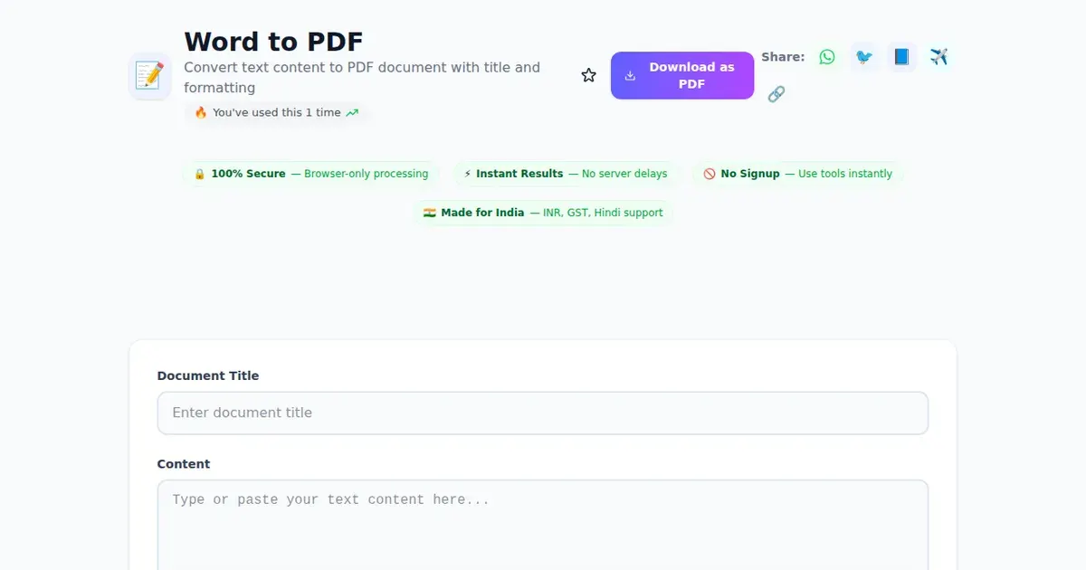Word to PDF — Free Online Convert text content to PDF document with title and formatting Tool on SabTools.in