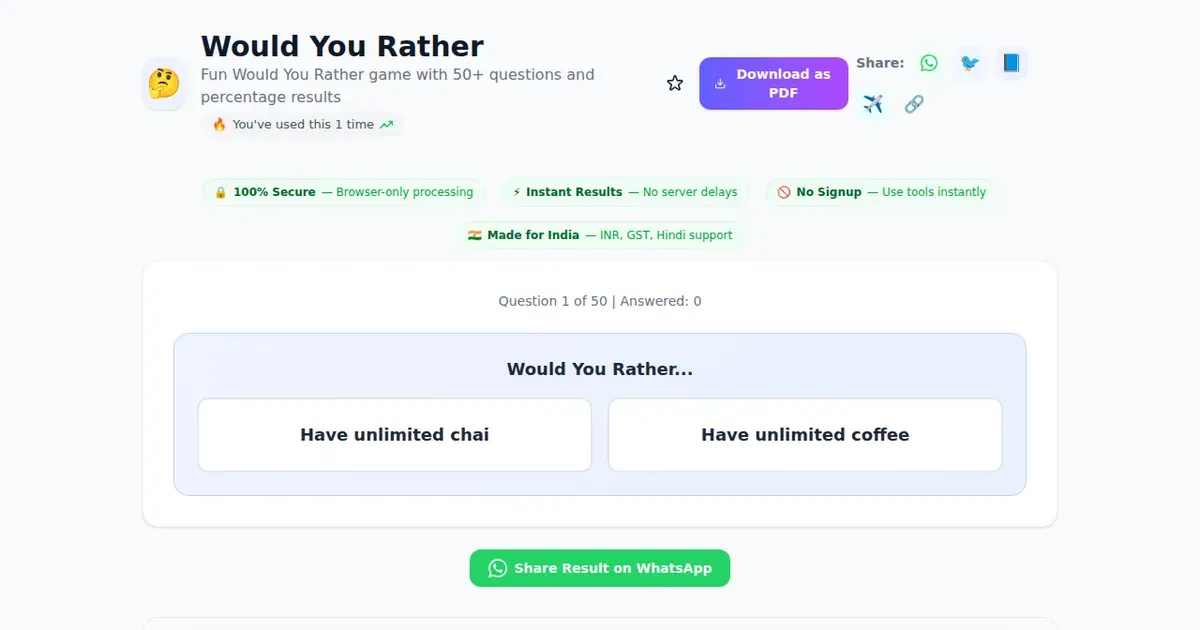Would You Rather — Free Online Fun Would You Rather game with 50+ questions and percentage results Tool on SabTools.in