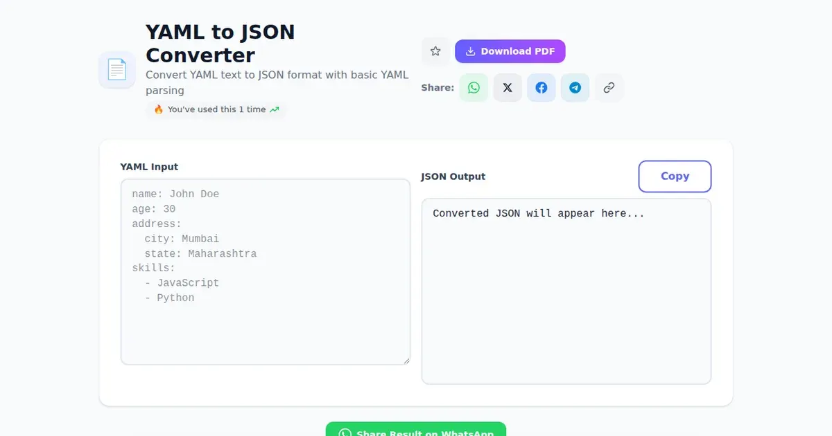 YAML to JSON Converter — Free Online Convert YAML text to JSON format with basic YAML parsing Tool on SabTools.in