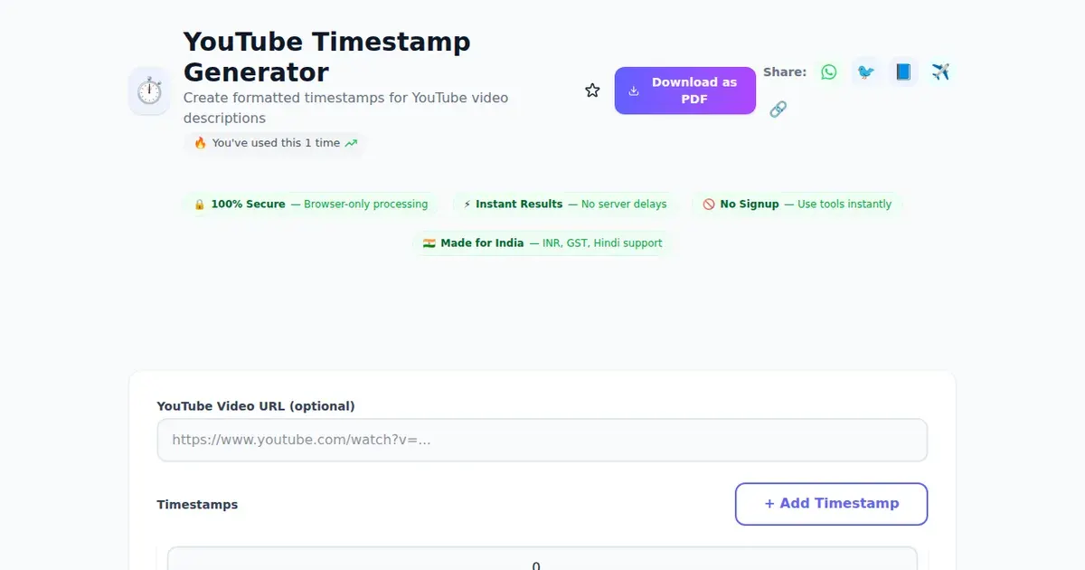 YouTube Timestamp Generator — Free Online Create formatted timestamps for YouTube video descriptions Tool on SabTools.in