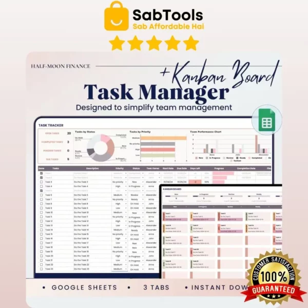 Task Tracker with Kanban Board Google Sheets Template, Team Project Management, Employee Task List