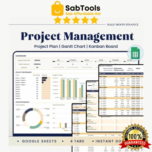 Project Management Template in Google Sheets, Gantt Chart, Kanban Board, Master Team Task Tracker
